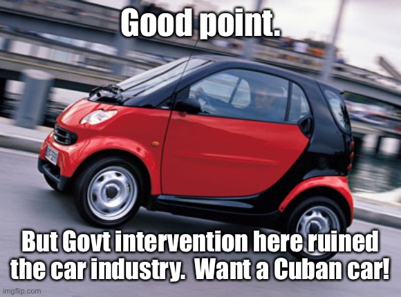 Smart car | Good point. But Govt intervention here ruined the car industry.  Want a Cuban car! | image tagged in smart car | made w/ Imgflip meme maker