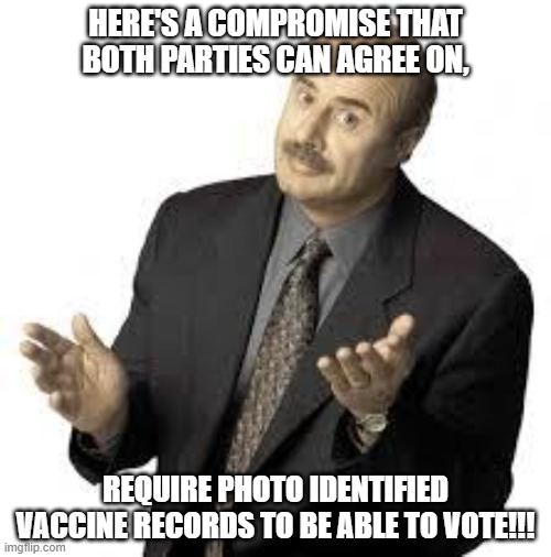 Problem Solved!!!! | HERE'S A COMPROMISE THAT BOTH PARTIES CAN AGREE ON, REQUIRE PHOTO IDENTIFIED VACCINE RECORDS TO BE ABLE TO VOTE!!! | image tagged in nwo,leftist terrorism,compromise | made w/ Imgflip meme maker