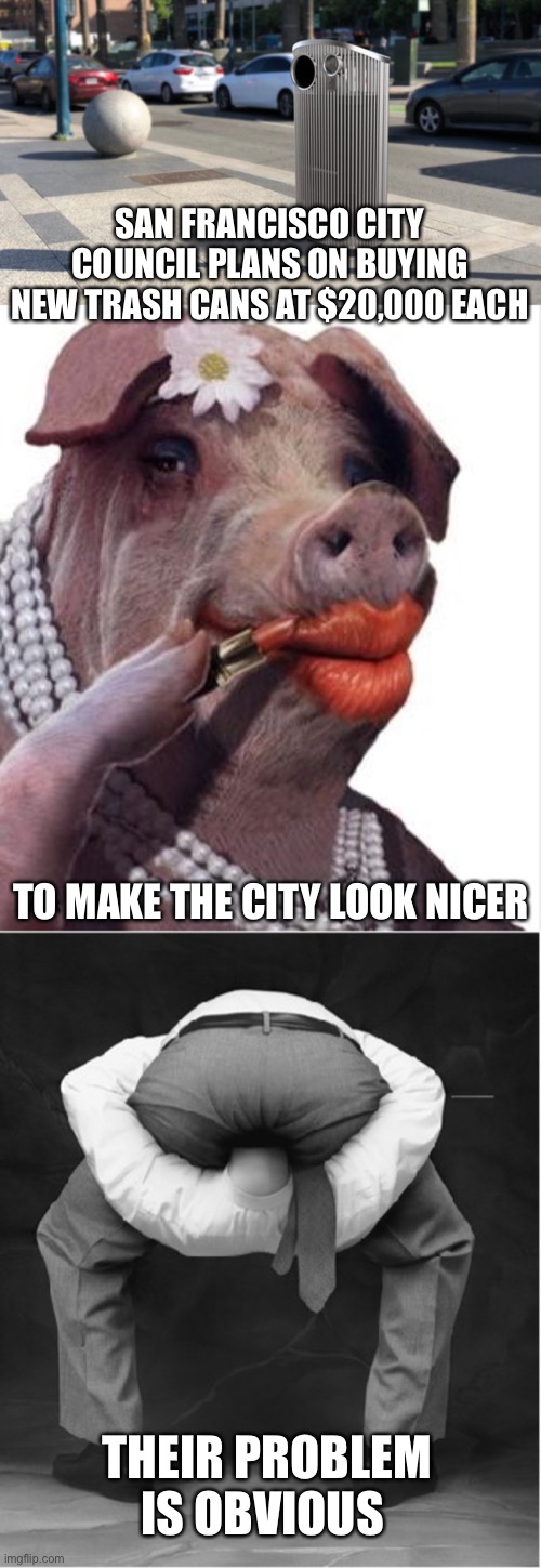 $20k per trash can?? Really?? | SAN FRANCISCO CITY COUNCIL PLANS ON BUYING NEW TRASH CANS AT $20,000 EACH; TO MAKE THE CITY LOOK NICER; THEIR PROBLEM IS OBVIOUS | image tagged in lipstick on a pig,head in ass bigger,san francisco,20 large for a trash can | made w/ Imgflip meme maker