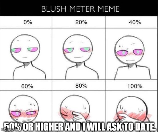 Ik it's old but just pls try | 50% OR HIGHER AND I WILL ASK TO DATE. | image tagged in blush 2 | made w/ Imgflip meme maker