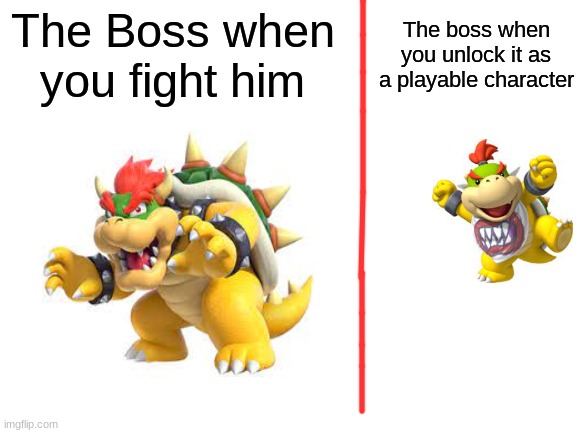 Blank White Template | The Boss when you fight him; The boss when you unlock it as a playable character | image tagged in blank white template,bowser | made w/ Imgflip meme maker