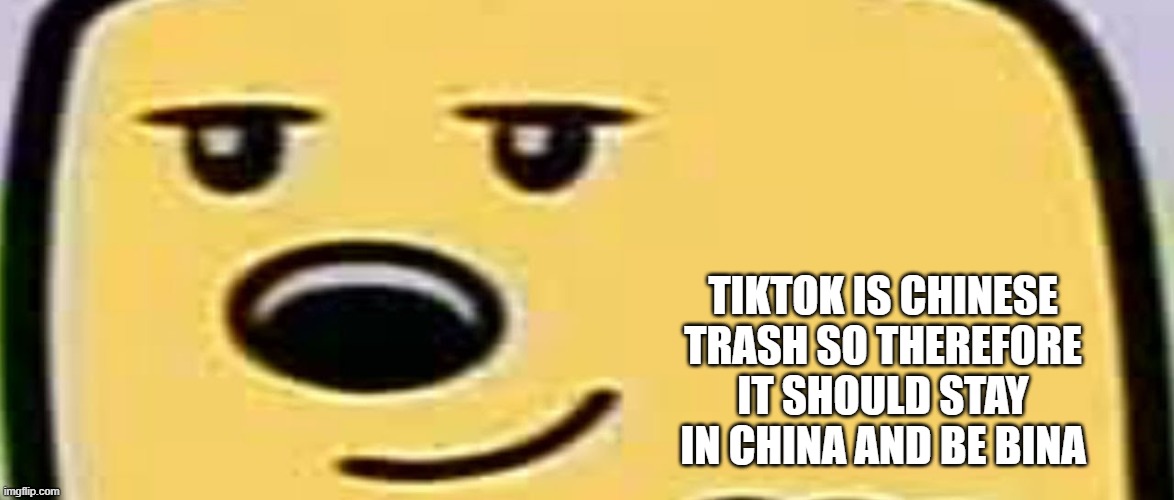 Failed TikTok Rap | TIKTOK IS CHINESE TRASH SO THEREFORE IT SHOULD STAY IN CHINA AND BE BINA | image tagged in wubbzy smug,tiktok | made w/ Imgflip meme maker