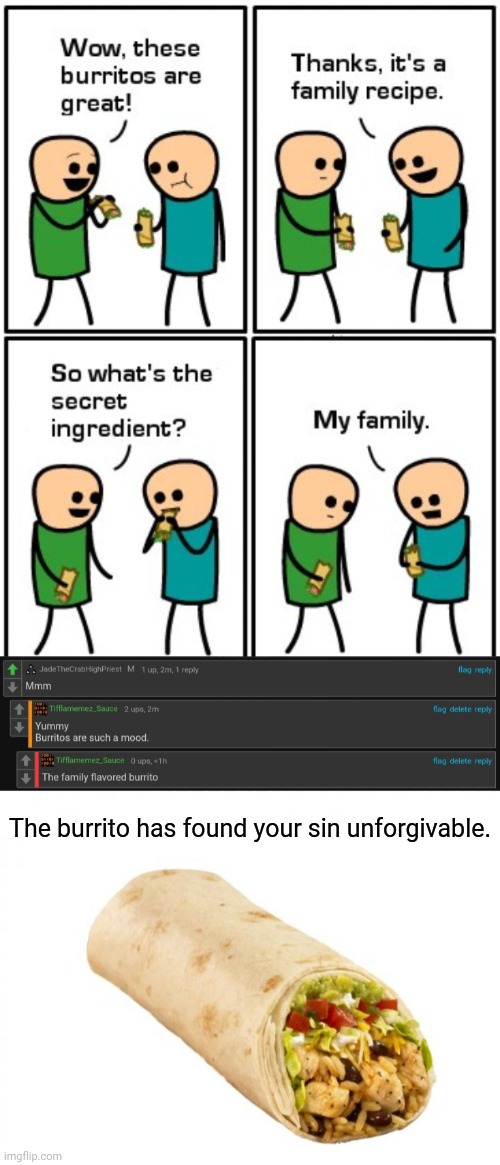 The human family flavored burrito | The burrito has found your sin unforgivable. | image tagged in burrito,comment,comments,comment section,memes,family | made w/ Imgflip meme maker