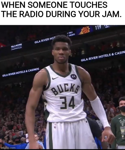 Giannis radio | WHEN SOMEONE TOUCHES THE RADIO DURING YOUR JAM. | image tagged in giannis | made w/ Imgflip meme maker