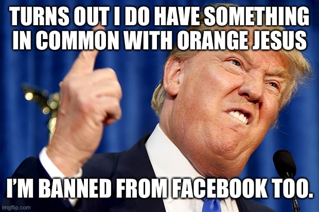 Thank You Mr Zuckerberg | TURNS OUT I DO HAVE SOMETHING IN COMMON WITH ORANGE JESUS; I’M BANNED FROM FACEBOOK TOO. | image tagged in donald trump | made w/ Imgflip meme maker