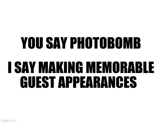 Blank White Template |  YOU SAY PHOTOBOMB; I SAY MAKING MEMORABLE GUEST APPEARANCES | image tagged in blank white template,photos,photobomb,photobombs,memes,funny | made w/ Imgflip meme maker
