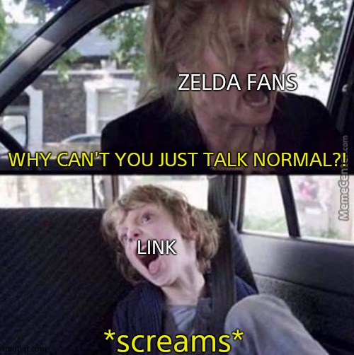 Zelda be like | ZELDA FANS; WHY CAN'T YOU JUST TALK NORMAL?! LINK; *screams* | image tagged in why can't you just be normal blank | made w/ Imgflip meme maker