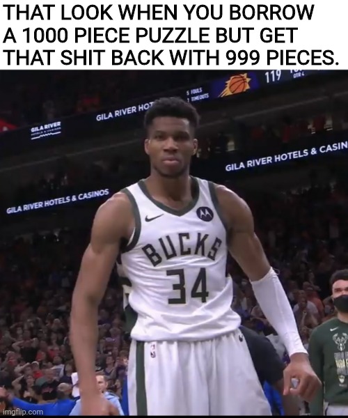 Giannis | THAT LOOK WHEN YOU BORROW A 1000 PIECE PUZZLE BUT GET THAT SHIT BACK WITH 999 PIECES. | image tagged in giannis | made w/ Imgflip meme maker