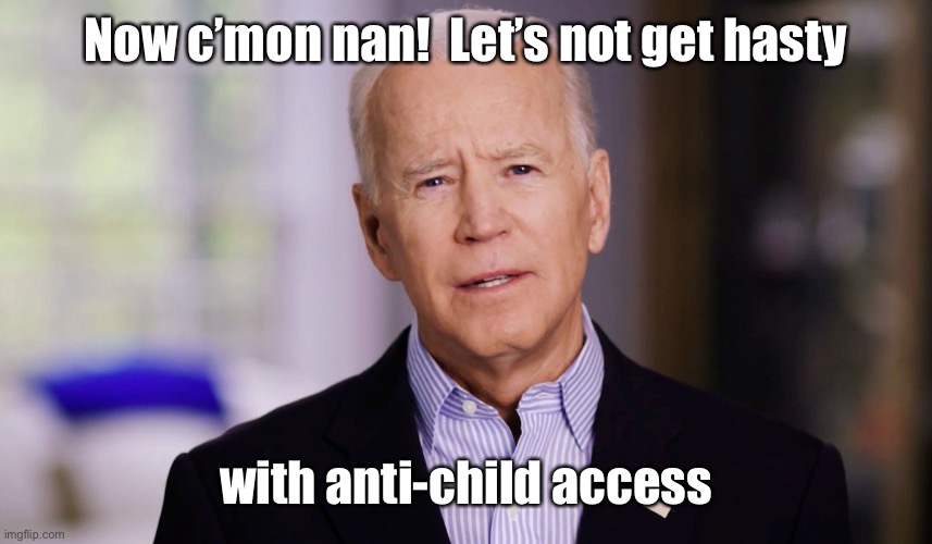 Joe Biden 2020 | Now c’mon nan!  Let’s not get hasty with anti-child access | image tagged in joe biden 2020 | made w/ Imgflip meme maker