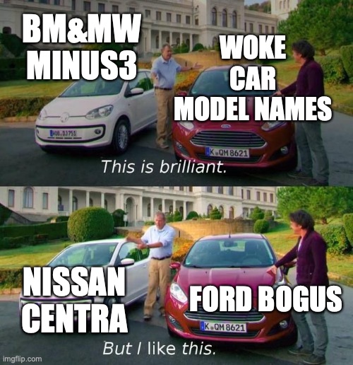 Woke Name Changes to cars | WOKE
CAR MODEL NAMES; BM&MW MINUS3; FORD BOGUS; NISSAN CENTRA | image tagged in this is brilliant but i like this | made w/ Imgflip meme maker