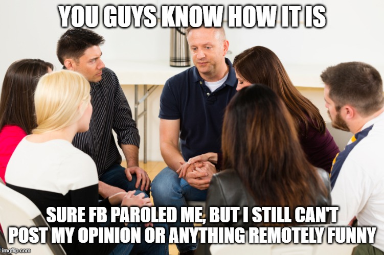 Support Group |  YOU GUYS KNOW HOW IT IS; SURE FB PAROLED ME, BUT I STILL CAN'T POST MY OPINION OR ANYTHING REMOTELY FUNNY | image tagged in support group,funny,censorship,social media | made w/ Imgflip meme maker