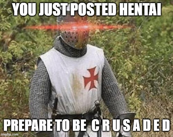 *Loads LMG with religious intent* | YOU JUST POSTED HENTAI; PREPARE TO BE  C R U S A D E D | image tagged in growing stronger crusader,loads lmg with religious intent,im joking | made w/ Imgflip meme maker