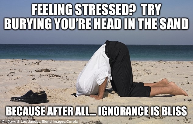 Head in trhe sand with stupidity | FEELING STRESSED?  TRY BURYING YOU’RE HEAD IN THE SAND; BECAUSE AFTER ALL... IGNORANCE IS BLISS | image tagged in head in trhe sand with stupidity | made w/ Imgflip meme maker