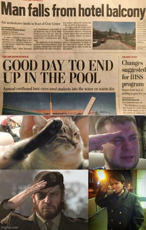 Man falls from hotel balcony; Good day to end up in the pool | image tagged in ozon's salute,crying salute,funny,memes,newspaper,you had one job | made w/ Imgflip meme maker