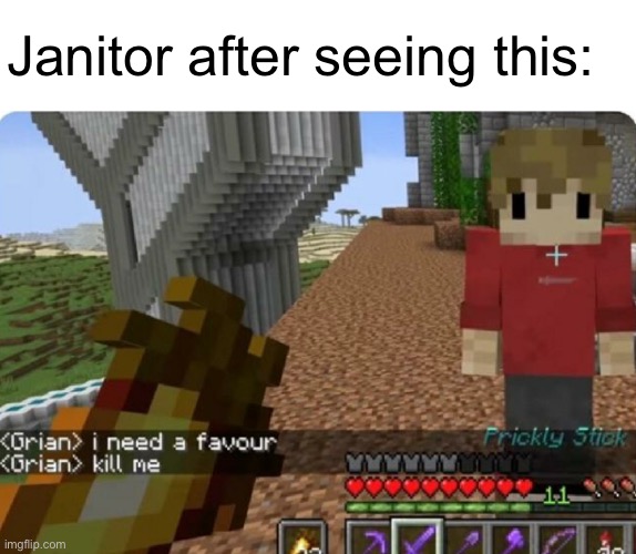 grian kill me | Janitor after seeing this: | image tagged in grian kill me | made w/ Imgflip meme maker