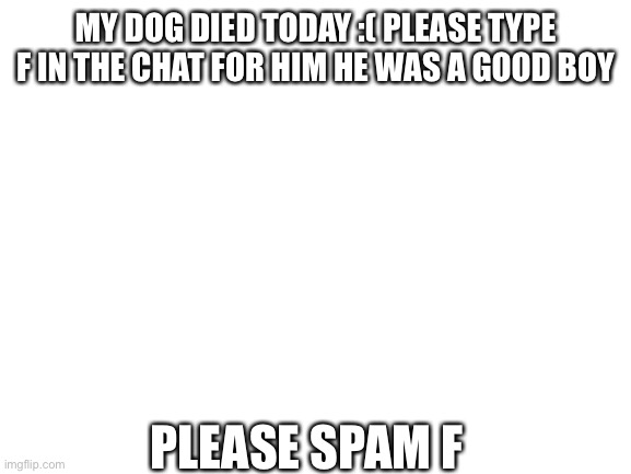 Goodbye my goodboy :( | MY DOG DIED TODAY :( PLEASE TYPE F IN THE CHAT FOR HIM HE WAS A GOOD BOY; PLEASE SPAM F | image tagged in blank white template | made w/ Imgflip meme maker