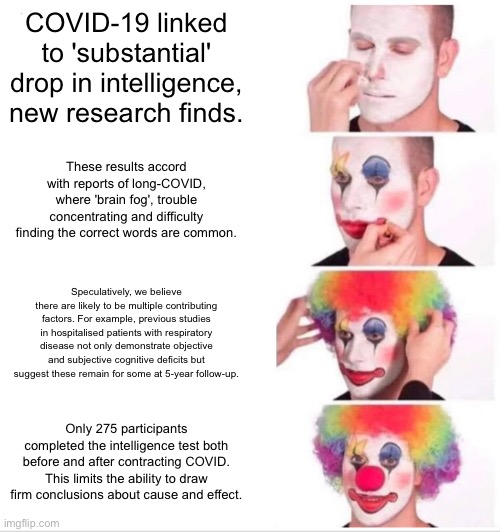 Clown Applying Makeup Meme | COVID-19 linked to 'substantial' drop in intelligence, new research finds. These results accord with reports of long-COVID, where 'brain fog', trouble concentrating and difficulty finding the correct words are common. Speculatively, we believe there are likely to be multiple contributing factors. For example, previous studies in hospitalised patients with respiratory disease not only demonstrate objective and subjective cognitive deficits but suggest these remain for some at 5-year follow-up. Only 275 participants completed the intelligence test both before and after contracting COVID. This limits the ability to draw firm conclusions about cause and effect. | image tagged in memes,clown applying makeup | made w/ Imgflip meme maker