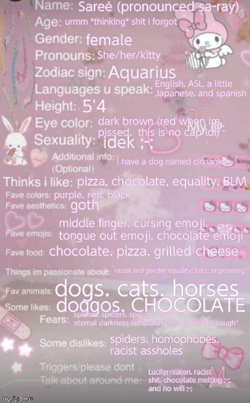 this is a template | Sareé (pronounced sa-ray); urmm *thinking* shit i forgot; female; She/her/kitty; Aquarius; English. ASL. a little Japanese. and spanish; 5'4; dark brown (red when im pissed.  this is no cap lol); idek ;-;; i have a dog named cinnamon; pizza, chocolate, equality, BLM; purple. red. black; goth; middle finger. cursing emoji. tongue out emoji. chocolate emoji; chocolate. pizza. grilled cheese; racial and gender equality! hats. engineering; dogs. cats. horses; doggos. CHOCOLATE; spiders. spiders. spiders. oh and eternal darkness suffocating  me to death *cough*; spiders. homophobes. racist assholes; Lucifer/saten. racist shit. chocolate melting ;-;.
and no wifi ;-; | image tagged in this is a template | made w/ Imgflip meme maker