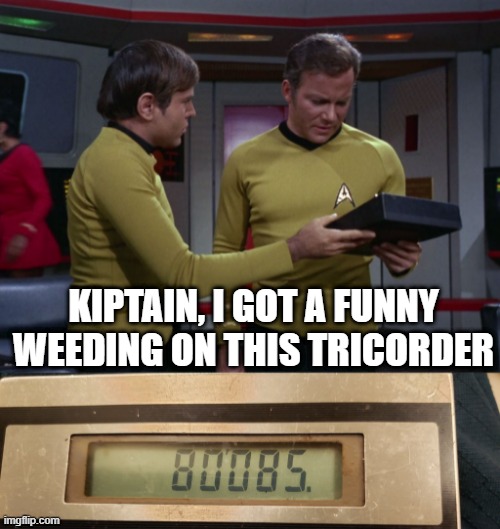 Haha Chekov | KIPTAIN, I GOT A FUNNY WEEDING ON THIS TRICORDER | image tagged in star trek tricorder | made w/ Imgflip meme maker