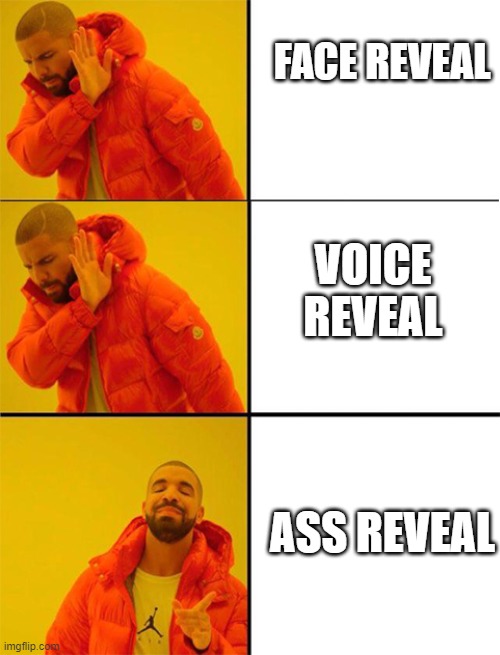 Drake meme 3 panels | FACE REVEAL VOICE REVEAL ASS REVEAL | image tagged in drake meme 3 panels | made w/ Imgflip meme maker