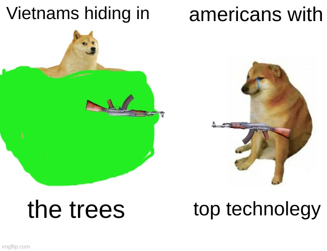 Buff Doge vs. Cheems Meme | Vietnams hiding in; americans with; the trees; top technolegy | image tagged in memes,buff doge vs cheems | made w/ Imgflip meme maker