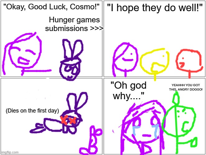 The struggle is real | "Okay, Good Luck, Cosmo!"; "I hope they do well!"; Hunger games submissions >>>; YEAHHH YOU GOT THIS, ANGRY DOGGO! "Oh god why...."; (Dies on the first day) | image tagged in memes,blank comic panel 2x2 | made w/ Imgflip meme maker