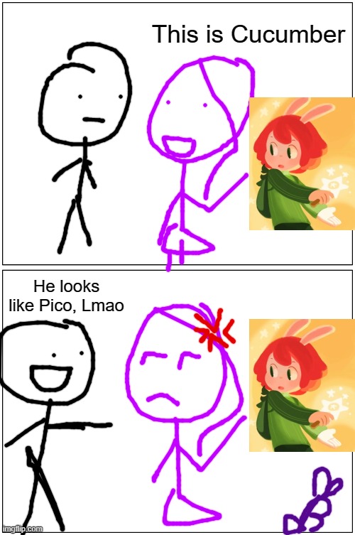 Bruh | This is Cucumber; He looks like Pico, Lmao | image tagged in memes,blank comic panel 1x2 | made w/ Imgflip meme maker