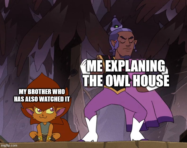 duo | ME EXPLANING THE OWL HOUSE; MY BROTHER WHO HAS ALSO WATCHED IT | image tagged in the owl house | made w/ Imgflip meme maker