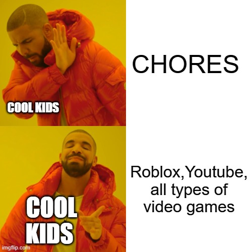 Only the cool kids agree with this | CHORES; COOL KIDS; Roblox,Youtube, all types of video games; COOL KIDS | image tagged in memes,drake hotline bling | made w/ Imgflip meme maker