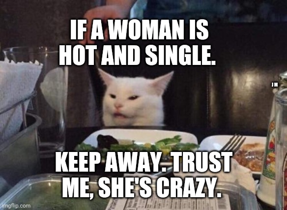 Salad cat | IF A WOMAN IS HOT AND SINGLE. J M; KEEP AWAY. TRUST ME, SHE'S CRAZY. | image tagged in salad cat | made w/ Imgflip meme maker