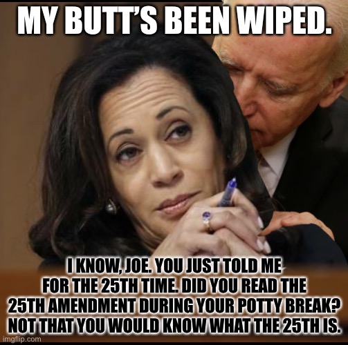 The 25th Amendment is an open secret. Joe does not know it yet. | MY BUTT’S BEEN WIPED. I KNOW, JOE. YOU JUST TOLD ME FOR THE 25TH TIME. DID YOU READ THE 25TH AMENDMENT DURING YOUR POTTY BREAK? NOT THAT YOU WOULD KNOW WHAT THE 25TH IS. | image tagged in memes,joe biden,kamala harris,toilet humor,amendment,butt | made w/ Imgflip meme maker