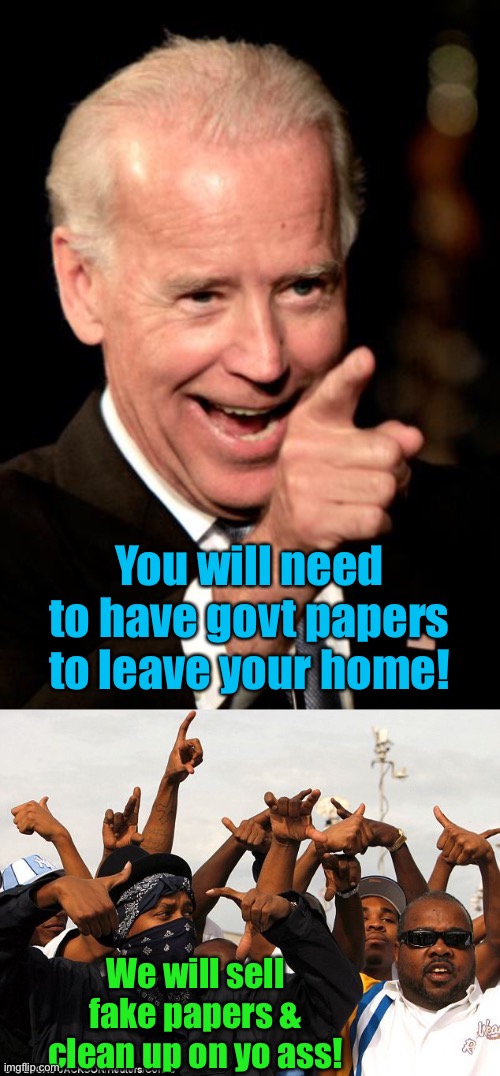 Welcome to totalitarian government! | You will need to have govt papers to leave your home! We will sell fake papers & clean up on yo ass! | image tagged in memes,smilin biden,gang members,vaccine passports,mandatory | made w/ Imgflip meme maker