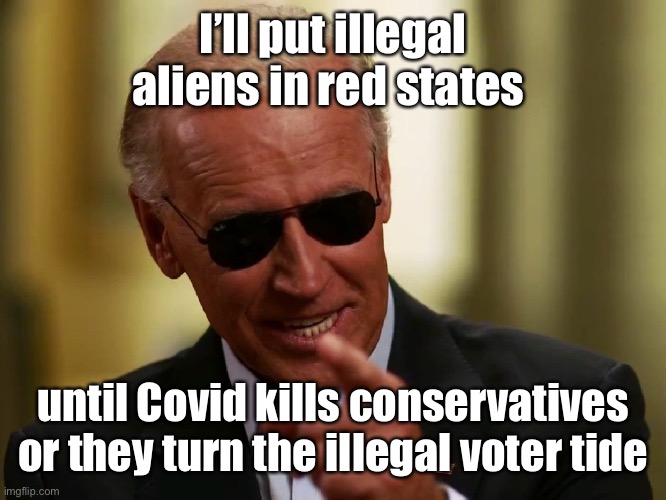 Biden immigration policy 101 | I’ll put illegal aliens in red states; until Covid kills conservatives or they turn the illegal voter tide | image tagged in cool joe biden,flying illegal aliens,red states,double medical standards | made w/ Imgflip meme maker
