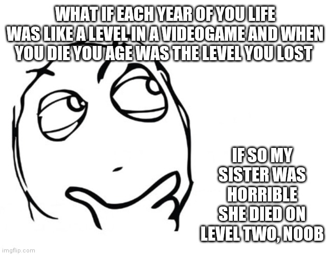 10 upvotes and I'll post this in dark humor | WHAT IF EACH YEAR OF YOU LIFE WAS LIKE A LEVEL IN A VIDEOGAME AND WHEN YOU DIE YOU AGE WAS THE LEVEL YOU LOST; IF SO MY SISTER WAS HORRIBLE SHE DIED ON LEVEL TWO, NOOB | image tagged in hmmm | made w/ Imgflip meme maker