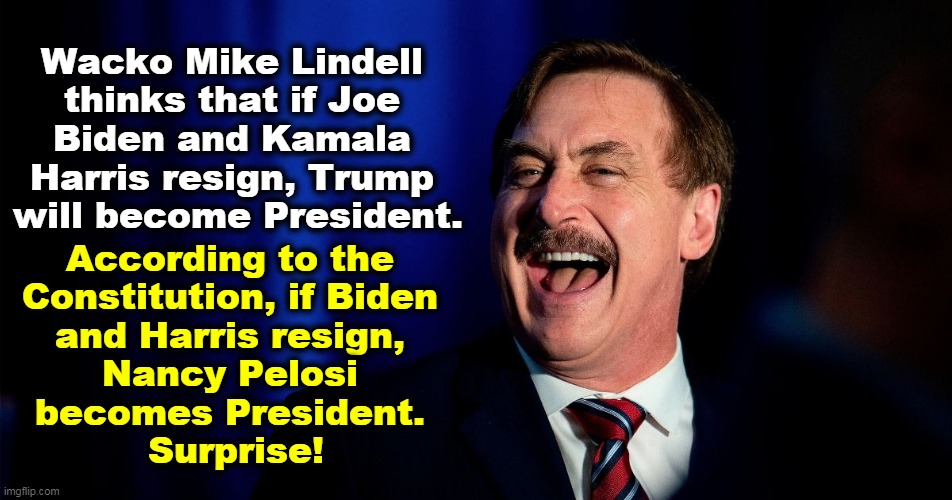Someone must have slapped him silly with a bunch of pillows. | Wacko Mike Lindell 
thinks that if Joe 
Biden and Kamala 
Harris resign, Trump 
will become President. According to the 
Constitution, if Biden 
and Harris resign, 
Nancy Pelosi 
becomes President. 
Surprise! | image tagged in mike,pillow,crazy,nuts,silly,republican | made w/ Imgflip meme maker
