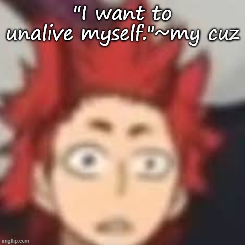 Ae | "I want to unalive myself."~my cuz | image tagged in shocked kirishima | made w/ Imgflip meme maker