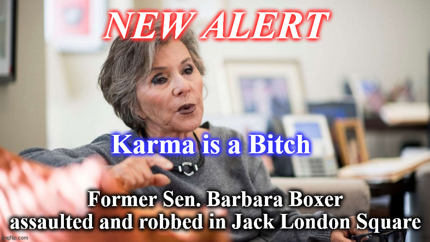 karma | NEW ALERT; Karma is a Bitch; Former Sen. Barbara Boxer assaulted and robbed in Jack London Square | image tagged in karma | made w/ Imgflip meme maker