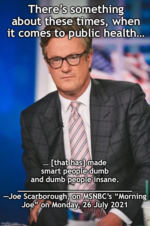 Something About These Times | There’s something about these times, when it comes to public health…; … [that has] made smart people dumb and dumb people insane.
__________________________

—Joe Scarborough, on MSNBC’s “Morning Joe” on Monday, 26 July 2021 | image tagged in covid-19,pandemic,covid vaccine,american politics | made w/ Imgflip meme maker