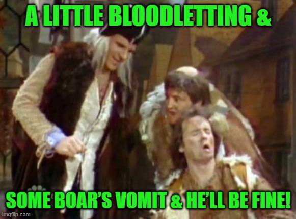 Theodoric of York We Barbers Are Not Gods | A LITTLE BLOODLETTING & SOME BOAR’S VOMIT & HE’LL BE FINE! | image tagged in theodoric of york we barbers are not gods | made w/ Imgflip meme maker