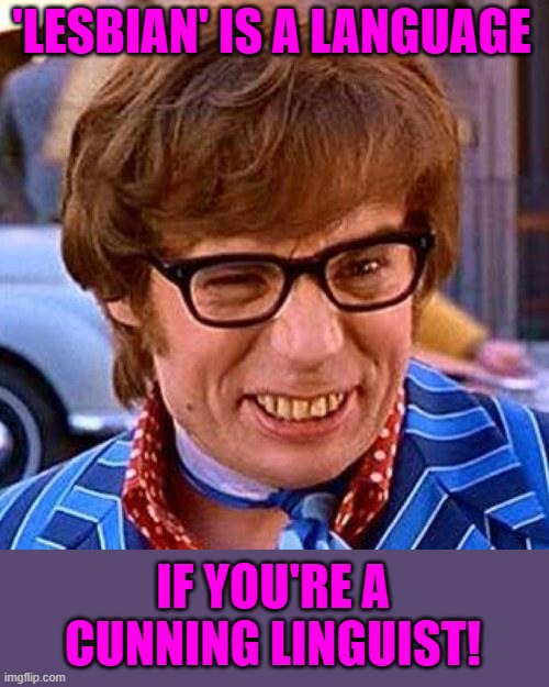 Austin Powers Wink | 'LESBIAN' IS A LANGUAGE IF YOU'RE A CUNNING LINGUIST! | image tagged in austin powers wink | made w/ Imgflip meme maker