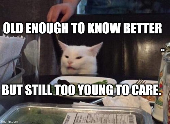Salad cat | OLD ENOUGH TO KNOW BETTER; J M; BUT STILL TOO YOUNG TO CARE. | image tagged in salad cat | made w/ Imgflip meme maker