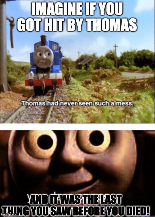 IMAGINE IF YOU GOT HIT BY THOMAS; AND IT WAS THE LAST THING YOU SAW BEFORE YOU DIED! | image tagged in thomas had never seen such a mess,you dare oppose me mortal | made w/ Imgflip meme maker