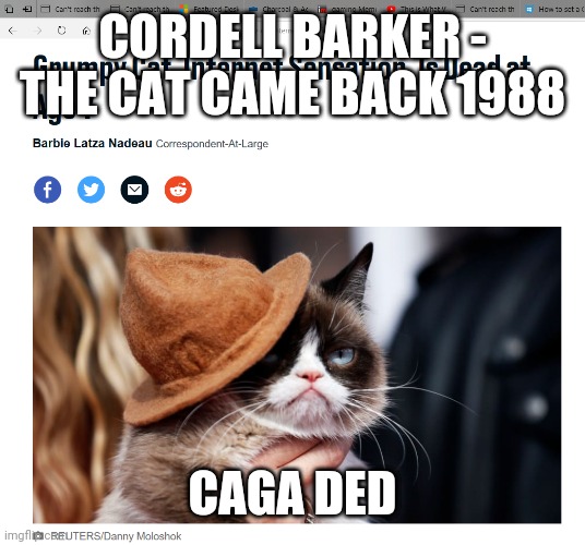 caga ded | CORDELL BARKER - THE CAT CAME BACK 1988; CAGA DED | image tagged in grumpy cat dead,ded,caga,cordell barker,the cat came back,brown | made w/ Imgflip meme maker