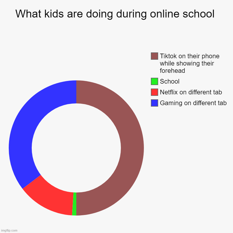 It's pretty obvious | What kids are doing during online school | Gaming on different tab, Netflix on different tab, School, Tiktok on their phone while showing th | image tagged in charts,donut charts | made w/ Imgflip chart maker