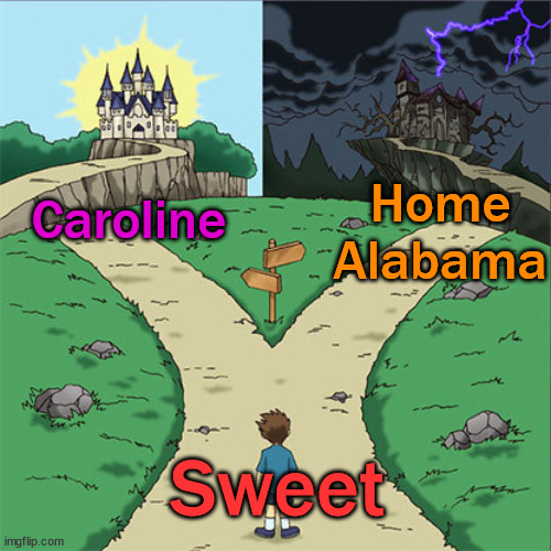 Two Paths | Home Alabama; Caroline; Sweet | image tagged in two paths | made w/ Imgflip meme maker