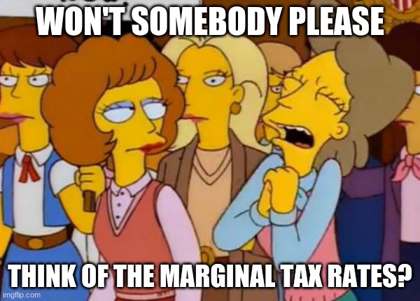 means-testing student debt forgiveness | WON'T SOMEBODY PLEASE; THINK OF THE MARGINAL TAX RATES? | image tagged in think of the children simpsons | made w/ Imgflip meme maker