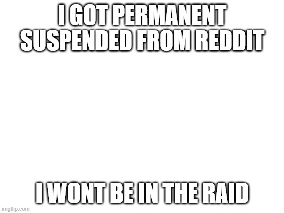 Blank White Template | I GOT PERMANENT SUSPENDED FROM REDDIT; I WONT BE IN THE RAID | image tagged in blank white template | made w/ Imgflip meme maker