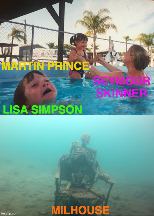 Report for Detention |  MARTIN PRINCE; SEYMOUR SKINNER; LISA SIMPSON; MILHOUSE | image tagged in swimming pool kids,memes,the simpsons,nerds,back to school,what i learned in boating school is | made w/ Imgflip meme maker