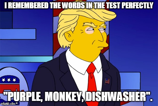 I REMEMBERED THE WORDS IN THE TEST PERFECTLY; "PURPLE, MONKEY, DISHWASHER". | image tagged in trump | made w/ Imgflip meme maker