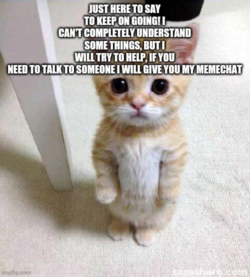 Please feel better | JUST HERE TO SAY TO KEEP ON GOING! I CAN'T COMPLETELY UNDERSTAND SOME THINGS, BUT I WILL TRY TO HELP, IF YOU NEED TO TALK TO SOMEONE I WILL GIVE YOU MY MEMECHAT | image tagged in memes,cute cat | made w/ Imgflip meme maker